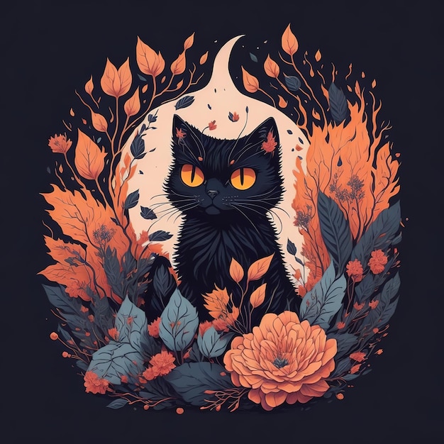 A black cat in a flowery garden