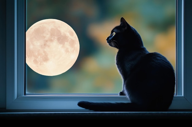 Black cat gazing at the full moon through a window in a serene night scenexA