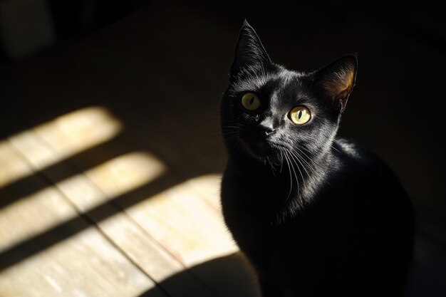 Photo a black cat gazing upwards in a sunlit room