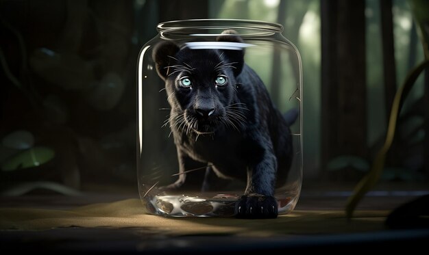 a black cat in a glass jar with the word  blue  on it