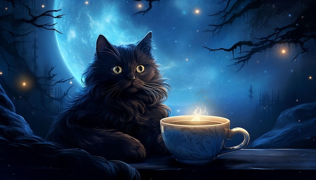 a black cat glitter coffee and crescent moon in glowing starry night