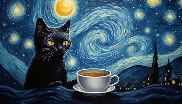 a black cat glitter coffee and crescent moon in glowing starry night