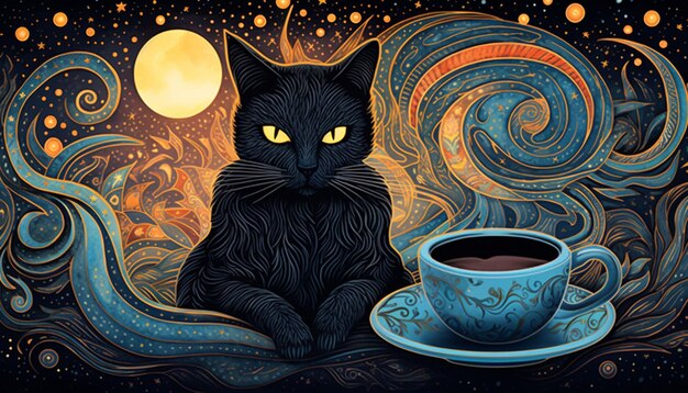 a black cat glitter coffee and crescent moon in glowing starry night