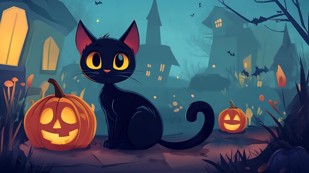 Black cat and Halloween pumpkin cartoon illustration festive banner