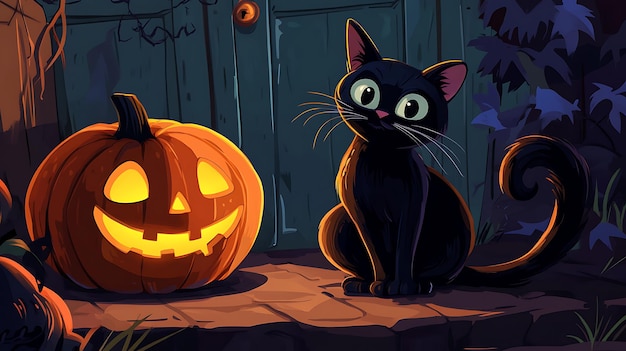 Black cat and Halloween pumpkin cartoon illustration festive banner