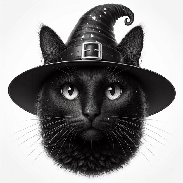 a black cat head wearing a witch hat