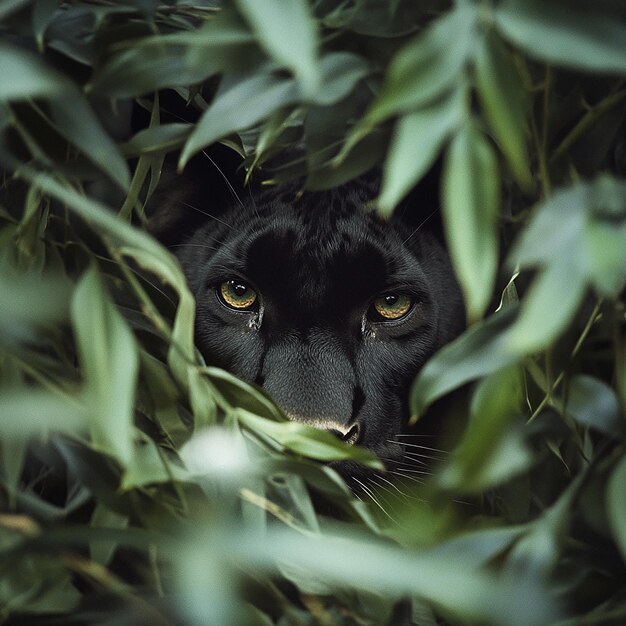 Photo a black cat hiding in some green leaves with a black face