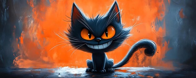 Black Cat Illustration with Orange Background