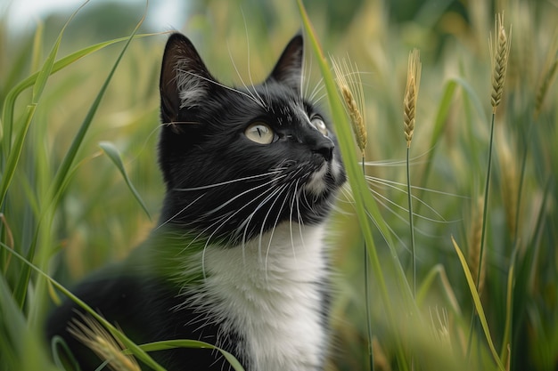 a black cat is in the grass with yellow eyes