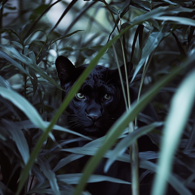 Photo a black cat is hiding in the leaves of a bamboo forest