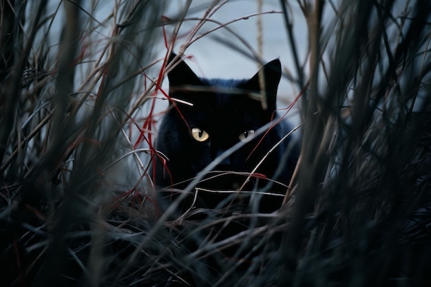 a black cat is hiding in the tall grass