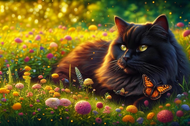 A black cat is laying in a field of flowers with a butterfly nearby