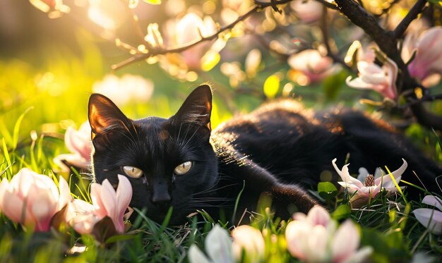 Photo a black cat is laying in the grass with flowers