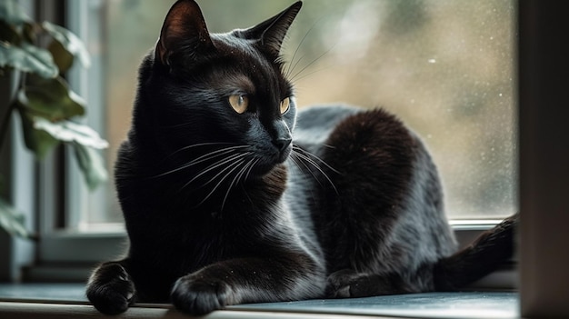 A black cat is laying on a window sill.