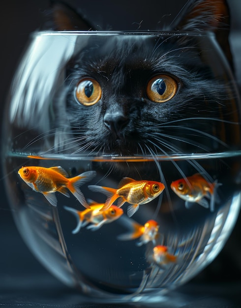 Black cat is looking at goldfish in fishbowl A black cat staring at goldfish in fish bowl