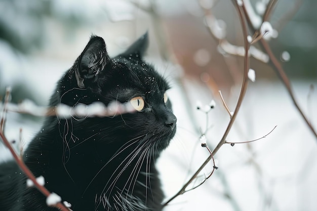 Photo a black cat is looking up to the left of a branch with snow on it