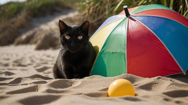 A black cat is lying on the beach next to a rainbow umbrella