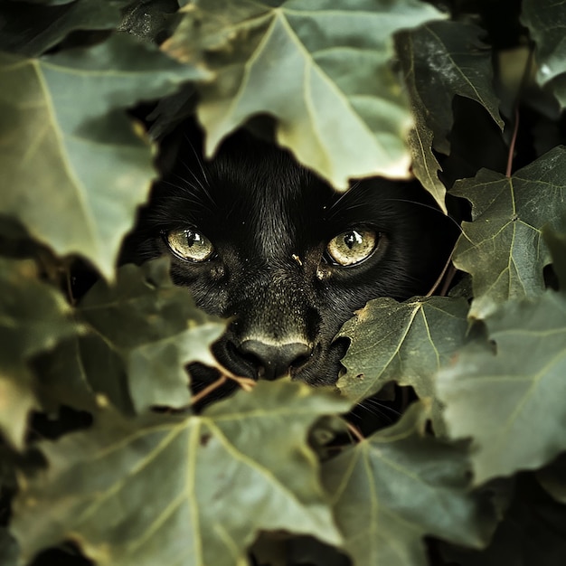 Photo a black cat is peeking out of a tree with leaves