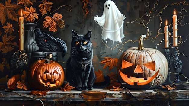 A black cat is perched on a mantle with pumpkins and candles