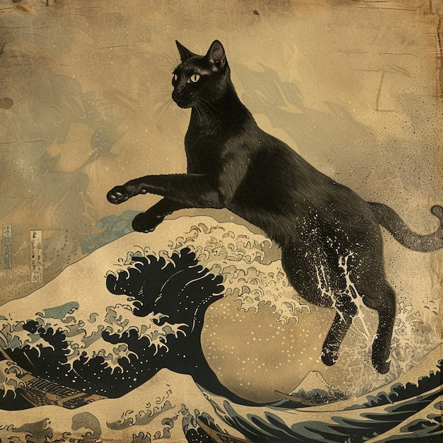 Photo a black cat is riding on a wave with a black cat on it