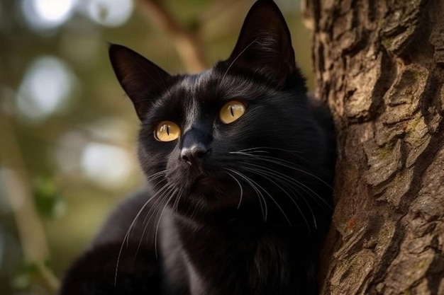 A black cat is sitting on a tree.