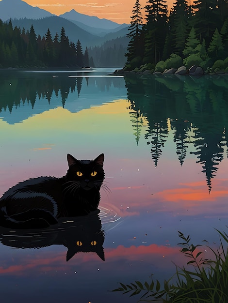 a black cat is sitting in the water with the sun behind it