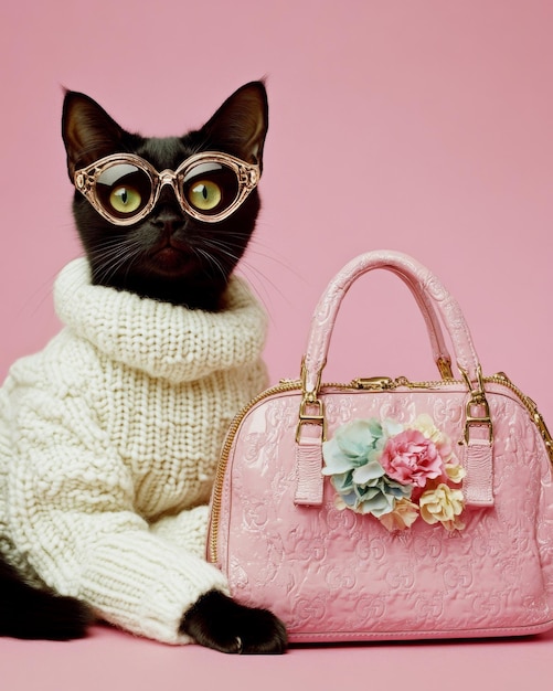 Photo a black cat is wearing a white sweater and sunglasses the cat is sitting on a red background