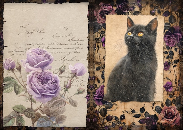 Photo black cat junk journal vintage paper texture