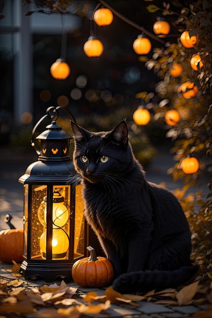 Black cat and lantern pumpkin in October on Halloween ai generative