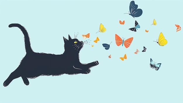 Black cat leaping through the air chasing colorful butterflies