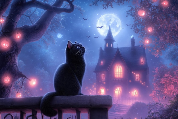 Black cat in a magical Halloween setting with glowing lights and a full moonxA