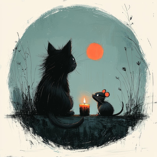 Black Cat and Mouse Sharing a Candlelight Moment Under the Moon