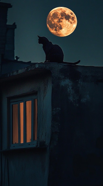 Photo black cat overlooking istanbul cityscape under a moonlit sky