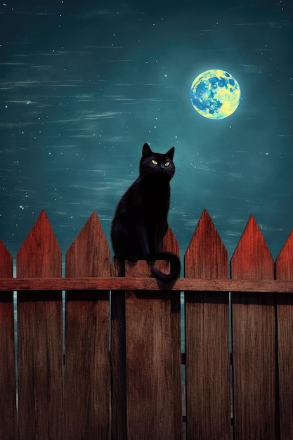 Black cat perched on a fence with a full moon backdrop created with generative ai