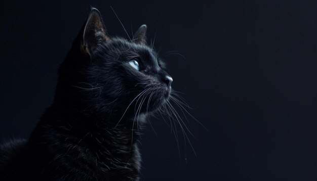 Black cat portrait with blue eyes shot on sony a1 at 85mm f8 on dark background