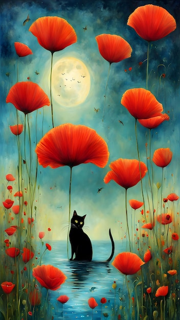 A Black Cat Among Red Poppies Under a Full Moon