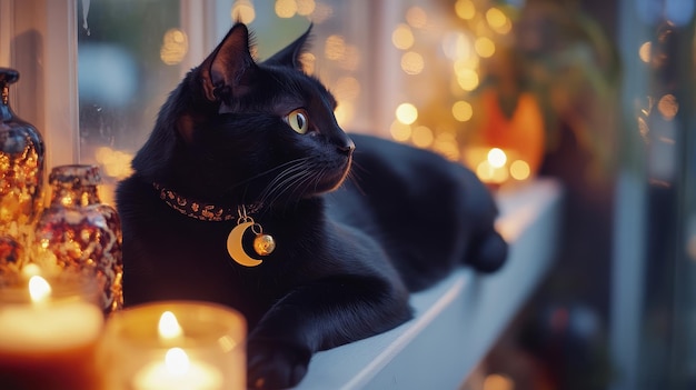 Photo a black cat relaxes on a windowsill surrounded by glowing candles and festive halloween decor