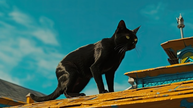 A black cat on a roof with the word cat on it