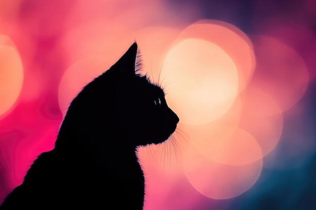 Black Cat Silhouette Against a Colorful Bokeh Background