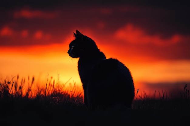 Black Cat Silhouette Against a Fiery Sunset