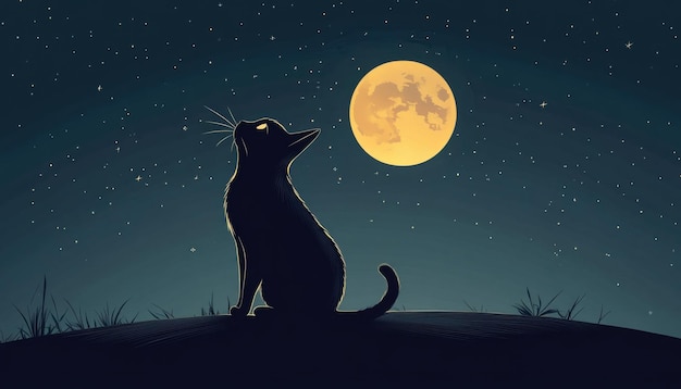 Photo black cat silhouette under full moon and starry night