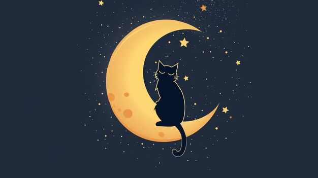 Photo a black cat silhouette sits on a golden crescent moon against a dark blue starry night sky