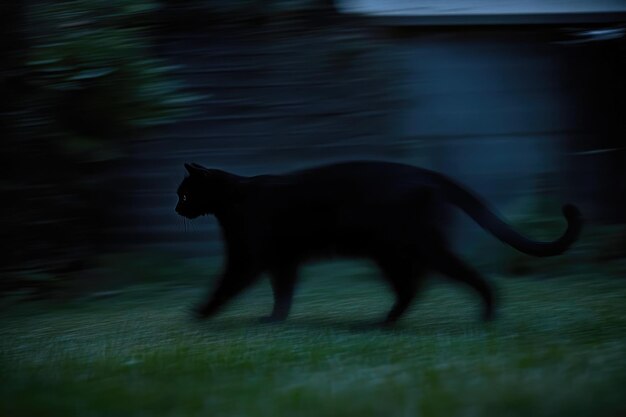 Black Cat Silhouette Walking Through Grass in the Twilight