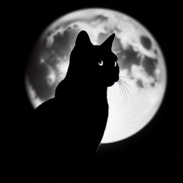 A black cat silhouetted against a full moon hallowen