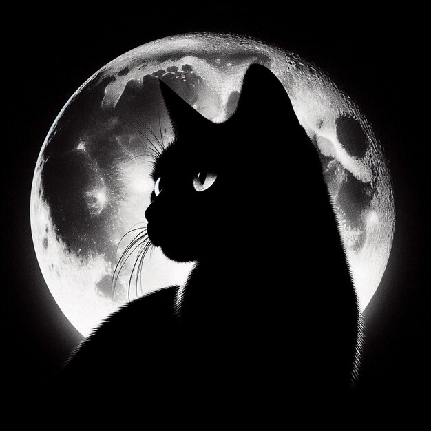 A black cat silhouetted against a full moon hallowen