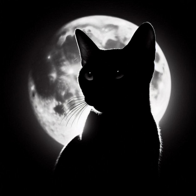 A black cat silhouetted against a full moon hallowen