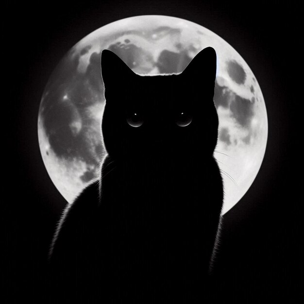 A black cat silhouetted against a full moon hallowen