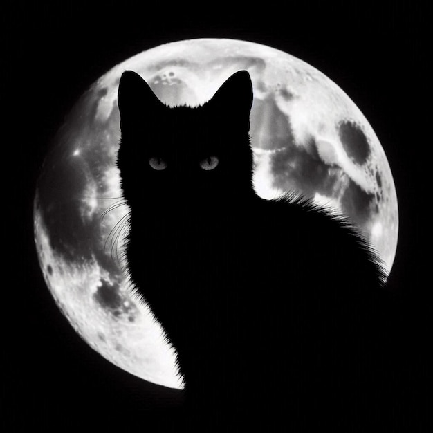 A black cat silhouetted against a full moon hallowen