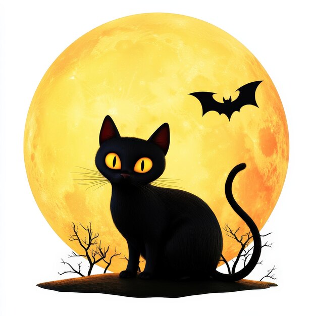 Black Cat Silhouetted Against Full Moon with Bat