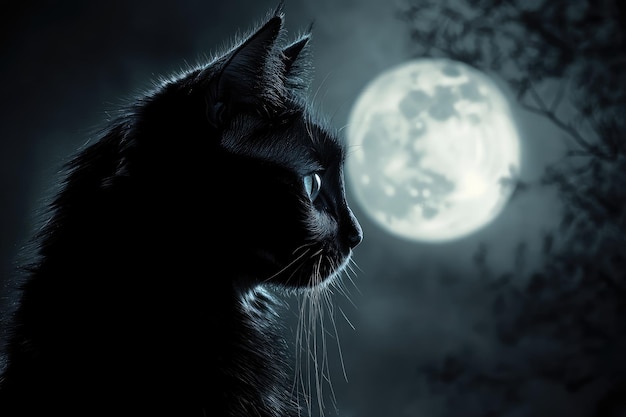 A Black Cat Silhouetted Against a Full Moon